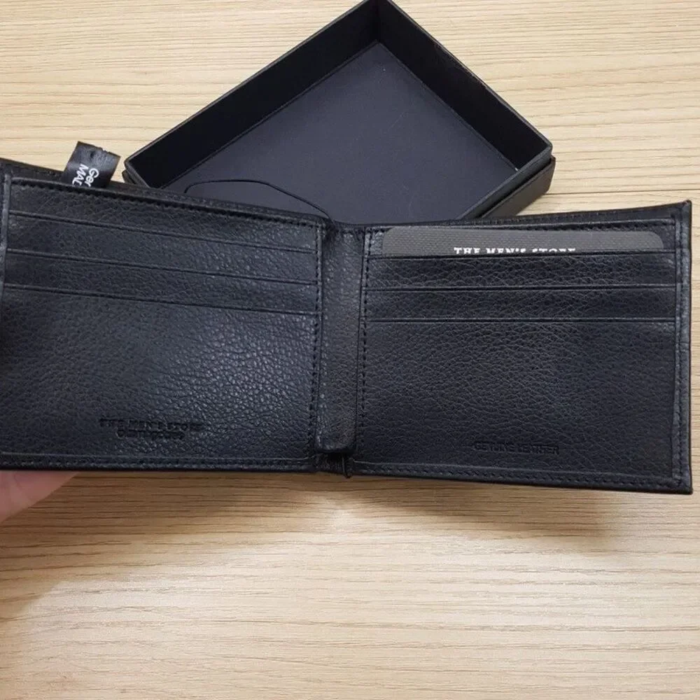 BLOOMINGDALES Mens Solid Black Genuine Leather Wallet Bifold Center Line